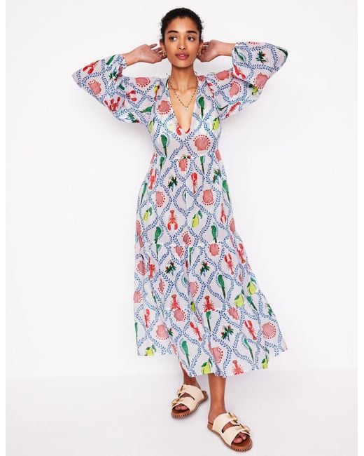 Boden White V-Neck Tiered Cotton Kaftan-Multi, Scallop Stripe