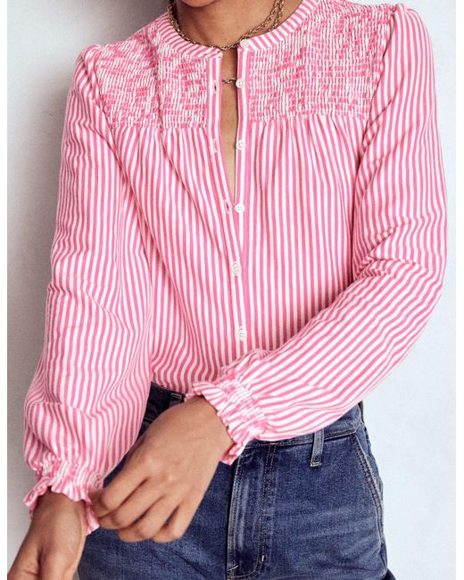 Boden Pink Elsa Smocked Yoke Jersey Shirt