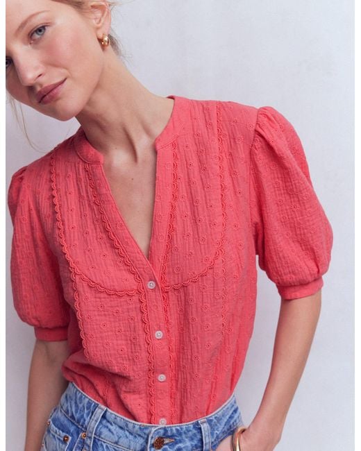 Boden Red Trim Insert Double Cloth Top