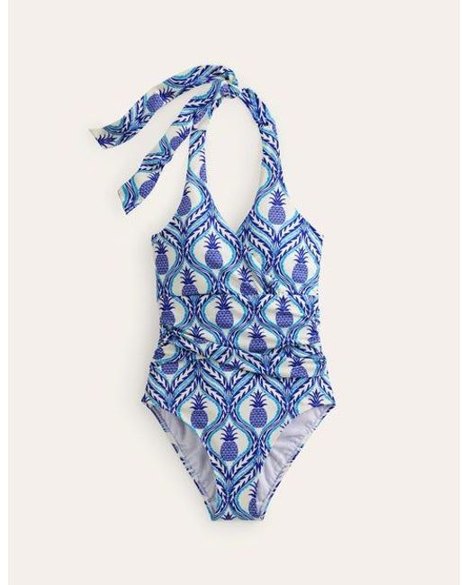 Boden Blue Levanzo Ruched Halter Swimsuit Surf The Web, Pineapple Wave