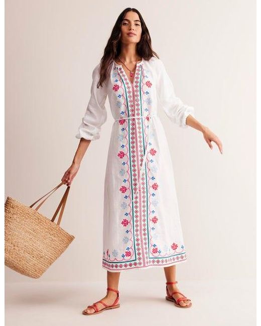Boden Pink Embroidered Belted Linen Dress White, Multi