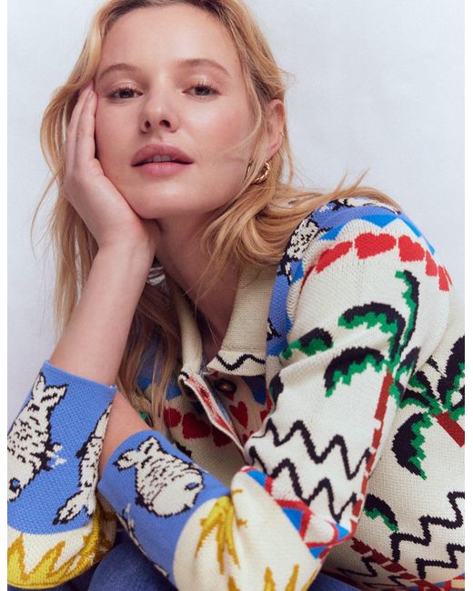 Boden Blue Jacquard Knitted Shacket Warm Ivory, Novelty