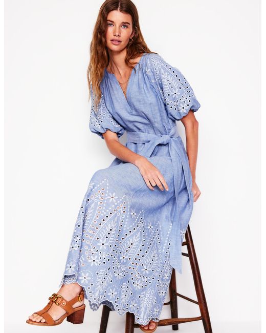 Boden Blue Besticktes Kleid Mit Puffärmeln