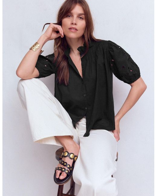 Boden Black Cutwork Puff Sleeve Top