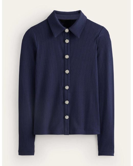 Boden Blue Jewelled-button Ribbed Shirt