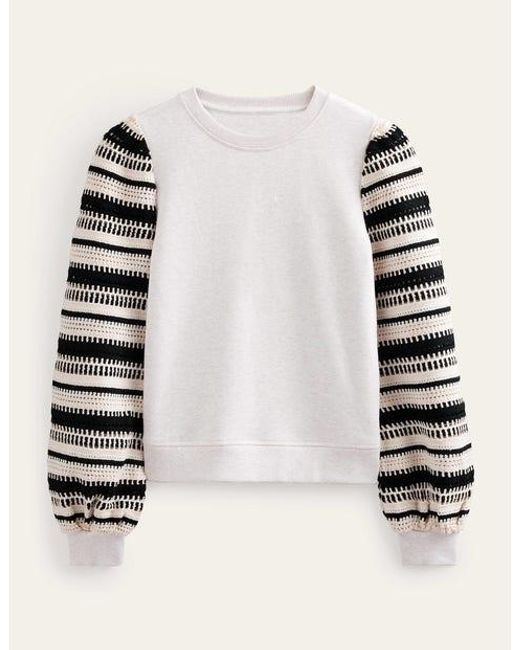 Boden White Crochet Sweatshirt Oatmeal Marl, Crochet Sleeve