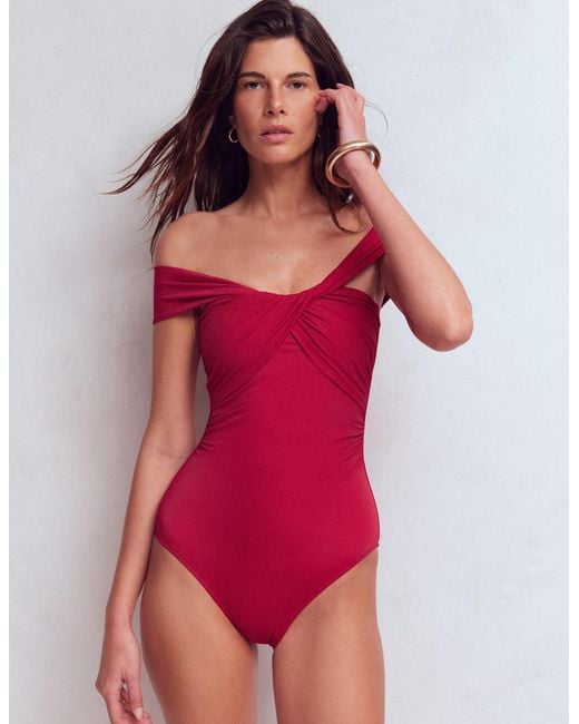 Boden Red Bardot Wrap Swimsuit