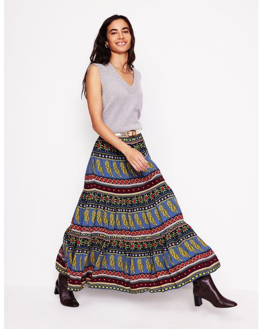 Boden White Viv Crepe Tiered Maxi Skirt Denim, Tiger Border