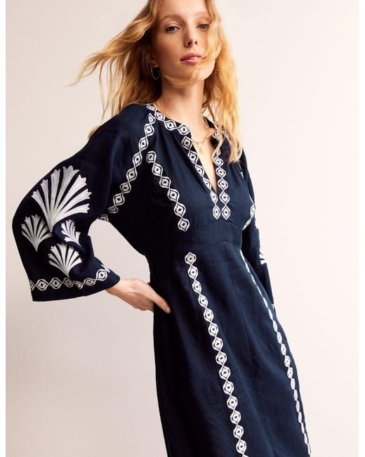 boden blue embroidered dress Boden Women's Linen Shift Dress in Blue
