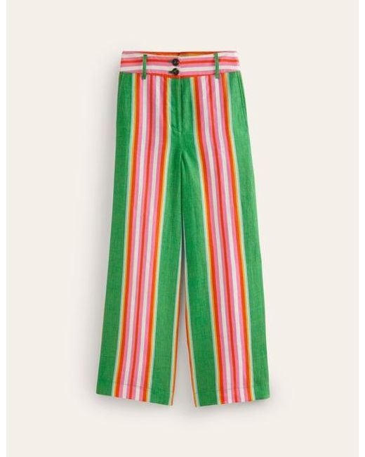 Boden White Westbourne Cropped Linen Pants Green Tambourine, Pink Stripe
