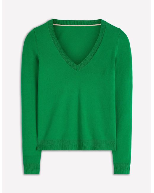 Boden Green Emilia Cotton V-Neck Jumper