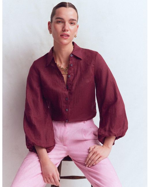 Boden Red Puff Sleeve Linen Shirt