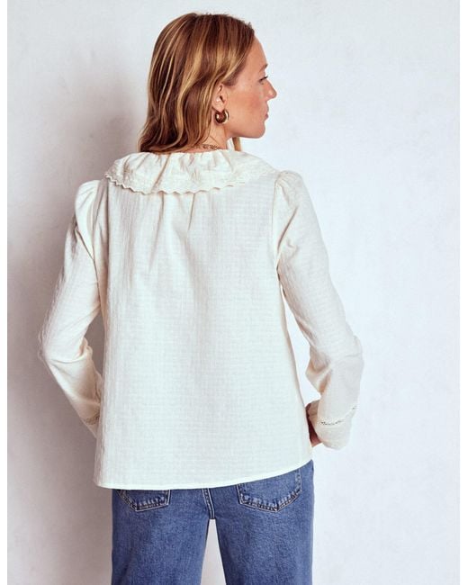 Boden White Ruffle Embroidered Blouse