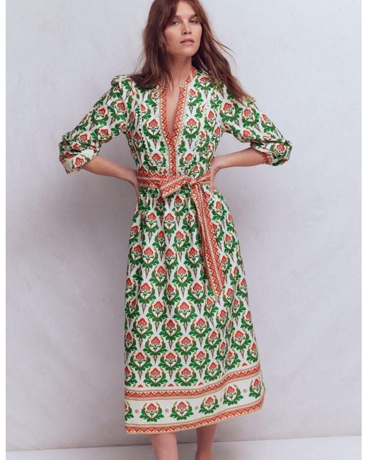 Boden Green Cary Cotton Midi Dress-Multi, Ornamental Stamp