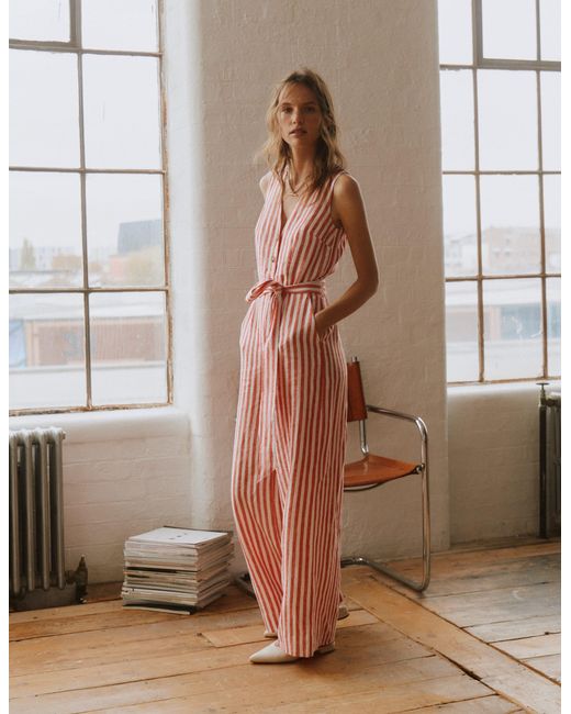 Boden Pink Laura V-Neck Linen Jumpsuit