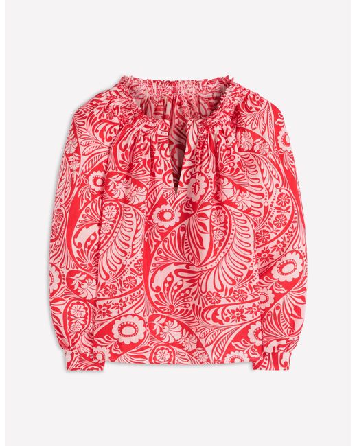 Boden Red Serena Pleat Neck Linen Top