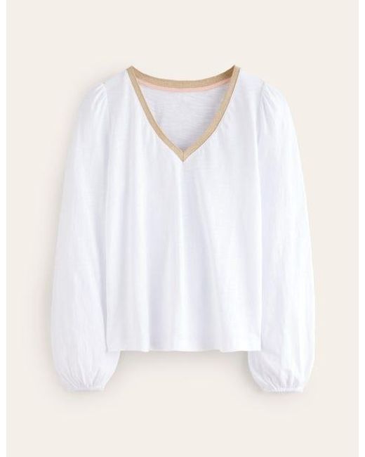 Boden White Metallic Trim Long Sleeve Top