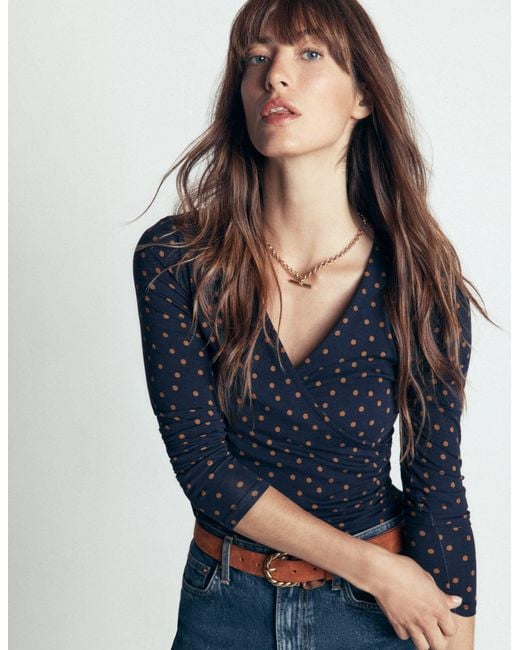 Boden Blue Ruched Long Sleeve Wrap Top
