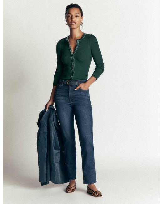 Boden Green Velvet Trim Ribbed Cardigan