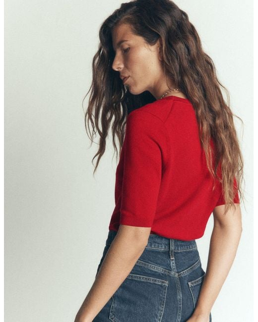 Boden Red Camilla Cotton V-Neck T-Shirt