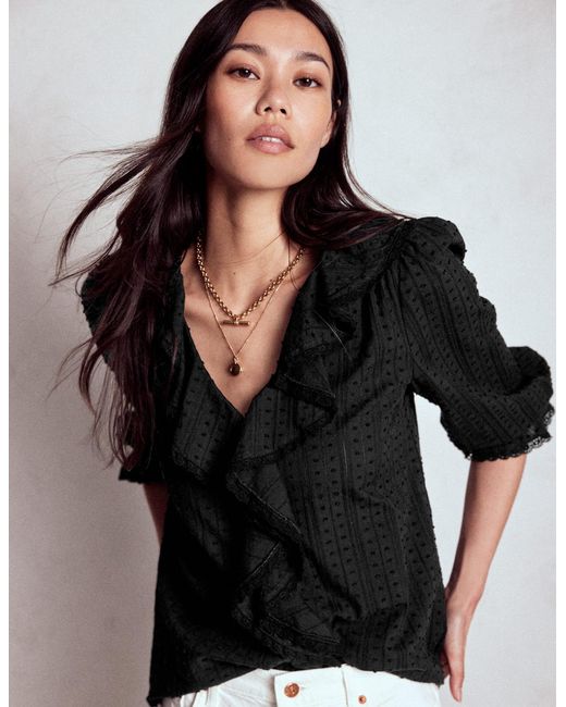 Boden Black Ruffle V Neck Blouse