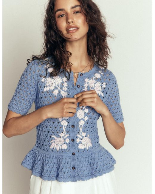 Boden Blue Embroidered Pointelle Cardigan
