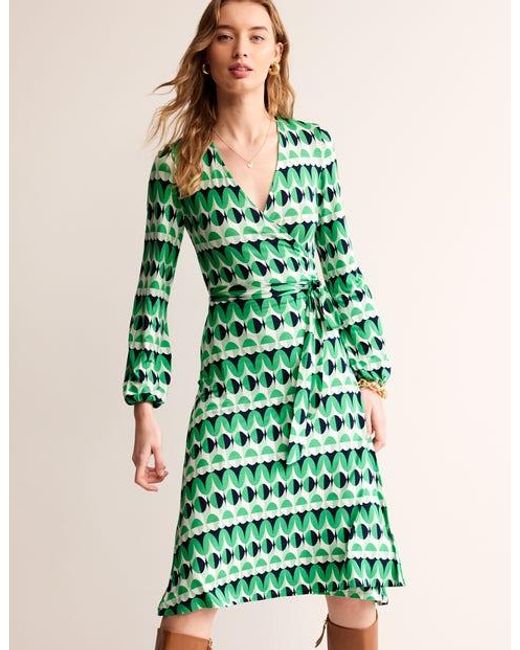 Boden Joanna Jersey Midi Wrap Dress Green, Botanical Bunch