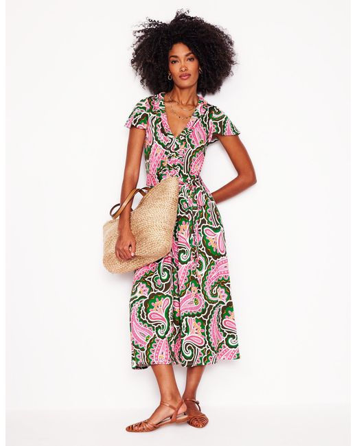 Boden White Nicola Jersey Tea Dress Forest Grass, Painted Dot