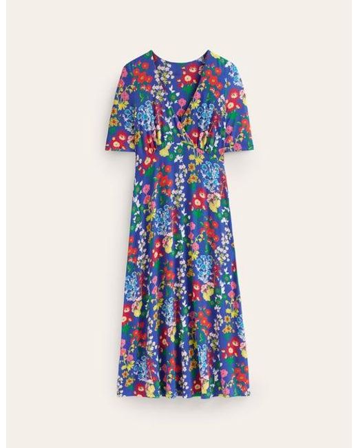 Boden Rebecca Jersey Midi Tea Dress Blue, Wildflower Cluster