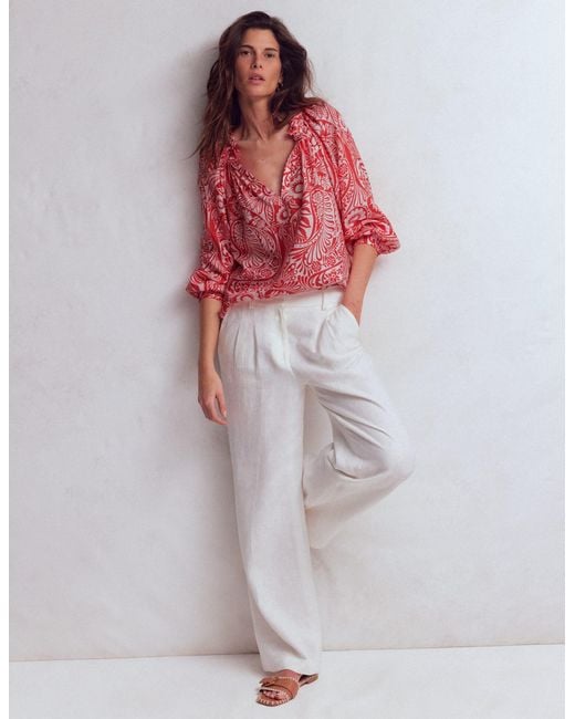 Boden Red Serena Pleat Neck Linen Top