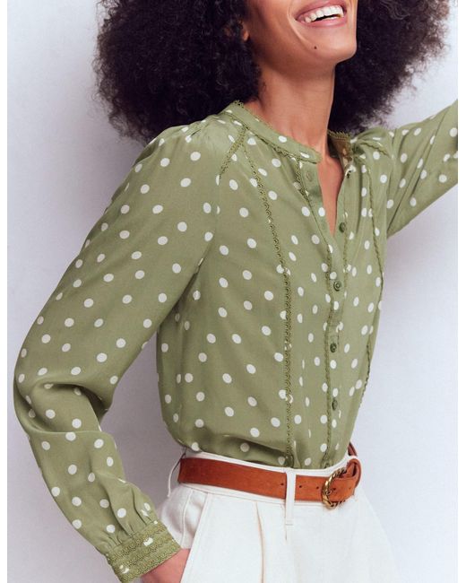 Boden Green Rhea Trim Detail Silk Top-Larch, Painted Dot