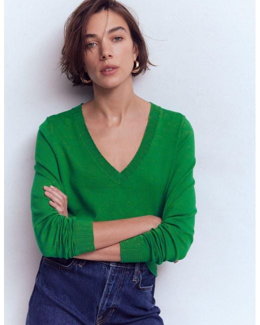 Boden Green Emilia Cotton V-Neck Jumper