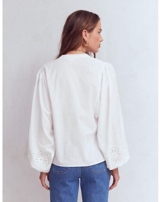 Boden White Embroidered Notch Neck Top