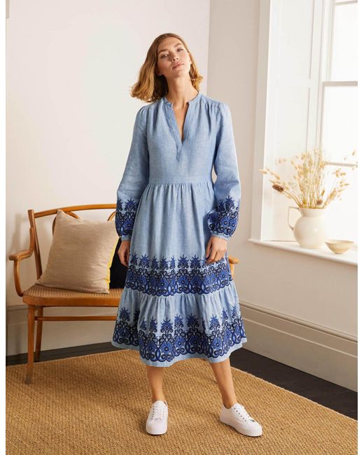 Boden Eden Embroidered Linen Dress Grey Chambray in Blue Lyst