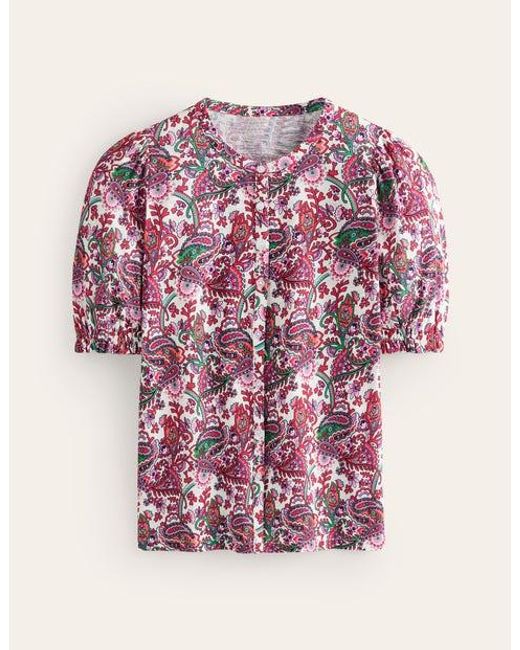 Boden Pink Dolly Puff Sleeve Jersey Shirt Multi, Fantastical