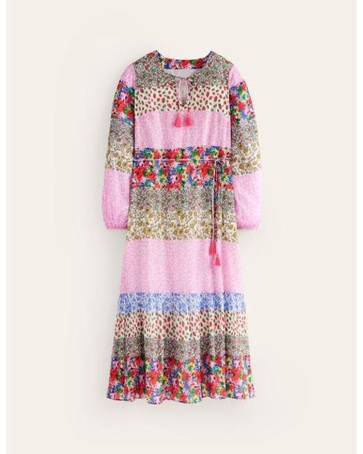 Boden Pink Hotched Blouson Maxi Dress Multi, Patchwork Bloom
