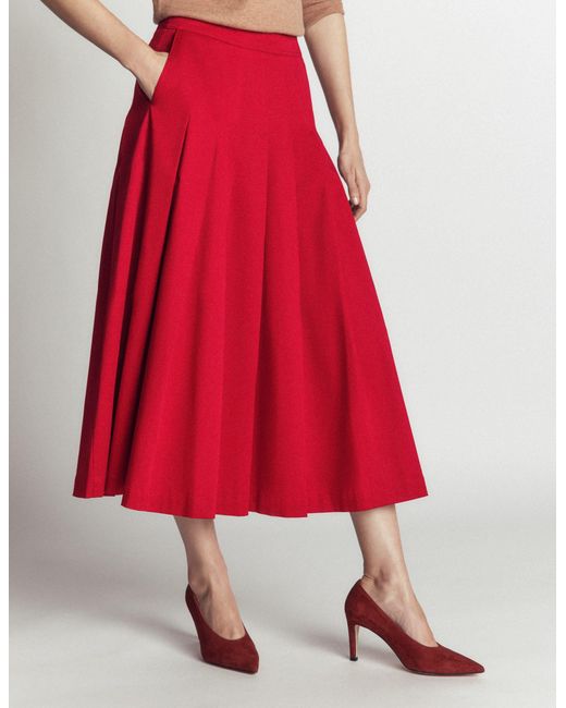Boden Red Aya Cotton Sateen Midi Skirt