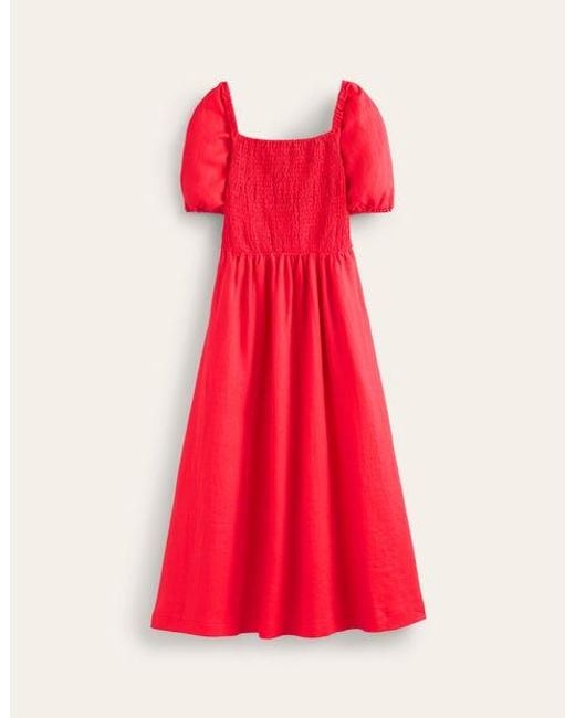 Boden Red Sky Smocked Linen Midi Dress