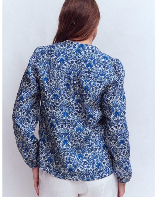 Boden Blue Notch Neck Linen Trim Top- Elaborate Terrace