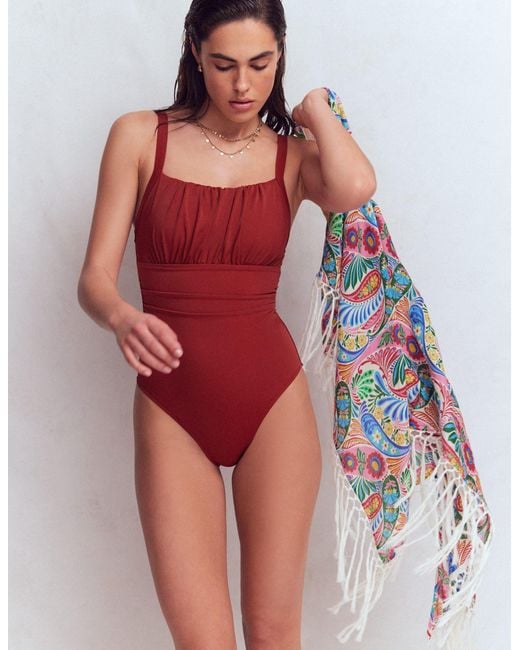 Boden Red Skiathos Ruched Panel Swimsuit