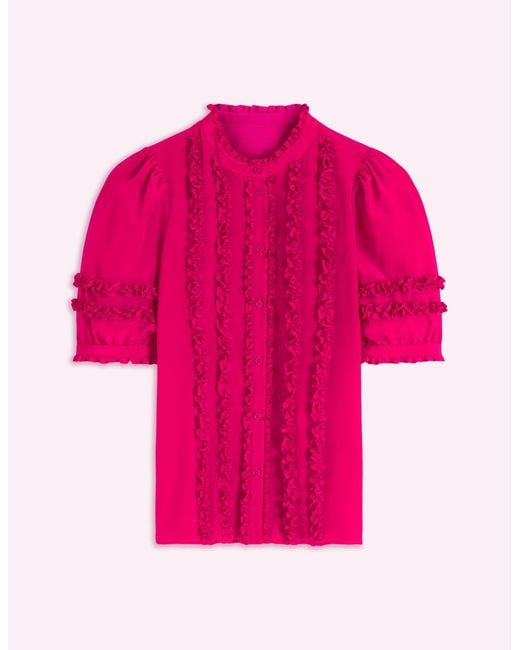 Boden Red Short Sleeve Silk Ruffle Top