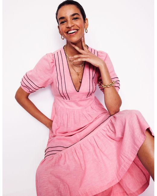 boden pink linen dress Boden Smocked Waist Linen Dress in Pink
