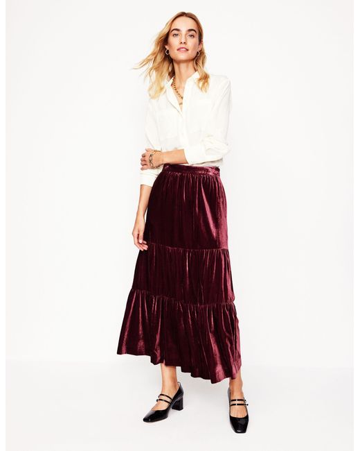 Boden Viv Velvet Tiered Maxi Skirt