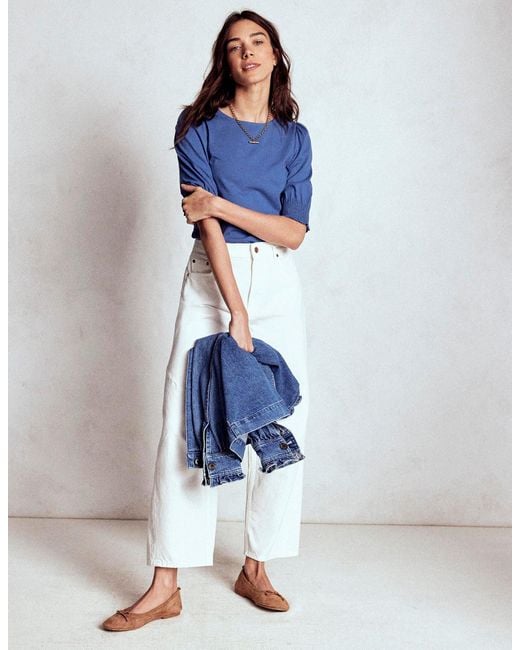 Boden Blue Short Sleeve Smocked Cuff Top