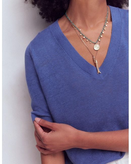 Boden Blue Agnes Linen V Neck T-Shirt