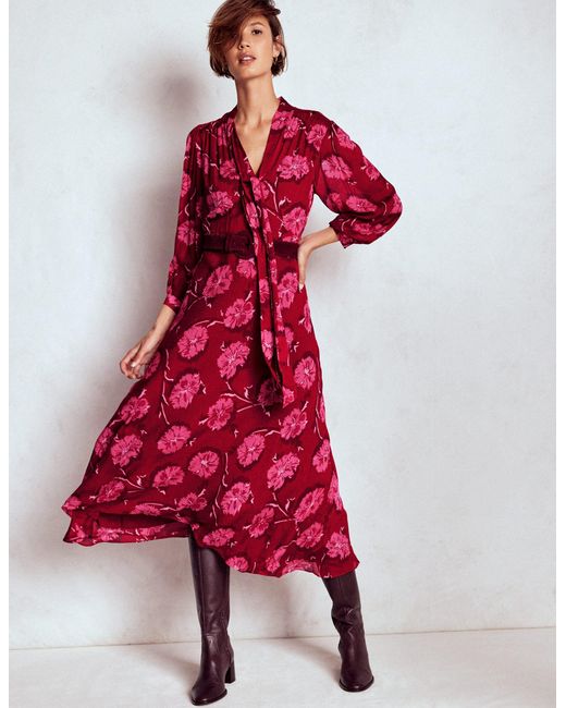 Boden Red Brooke Tie Neck Tea Dress Cranberry, Delicate Vine