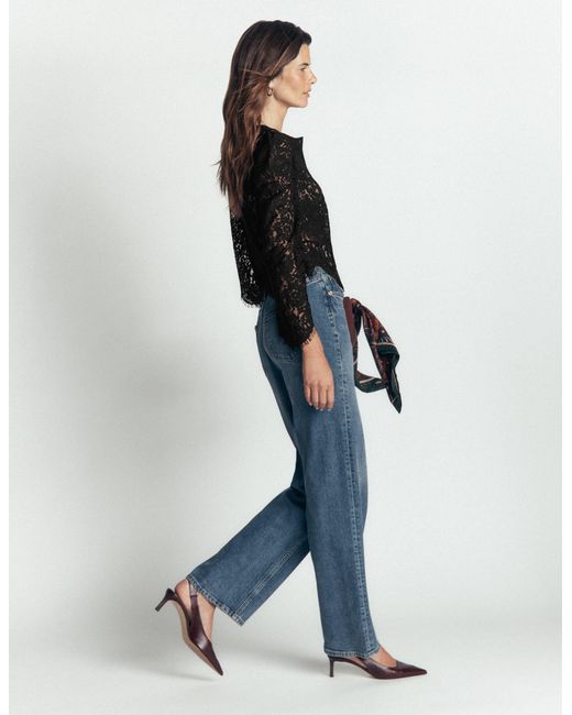 Boden Black Lace Puff Sleeve Top