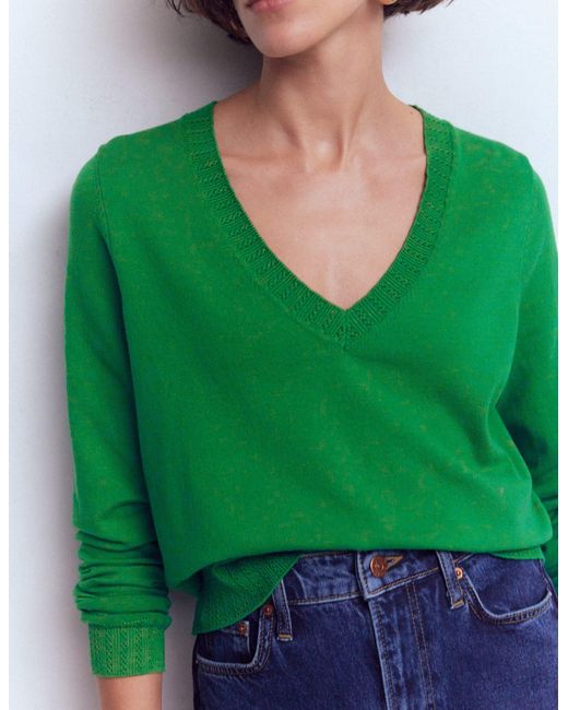Boden Green Emilia Cotton V-Neck Jumper