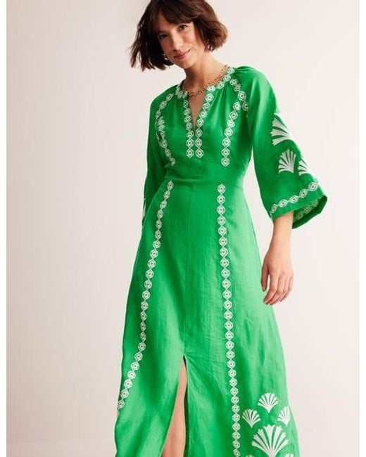 Boden Green Una Linen Embroidered Dress