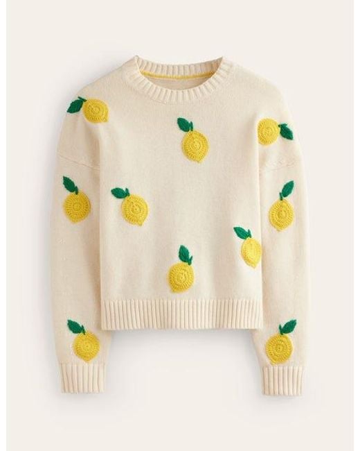 Boden Metallic Hand Embroidered Sweater Warm Ivory, Lemons